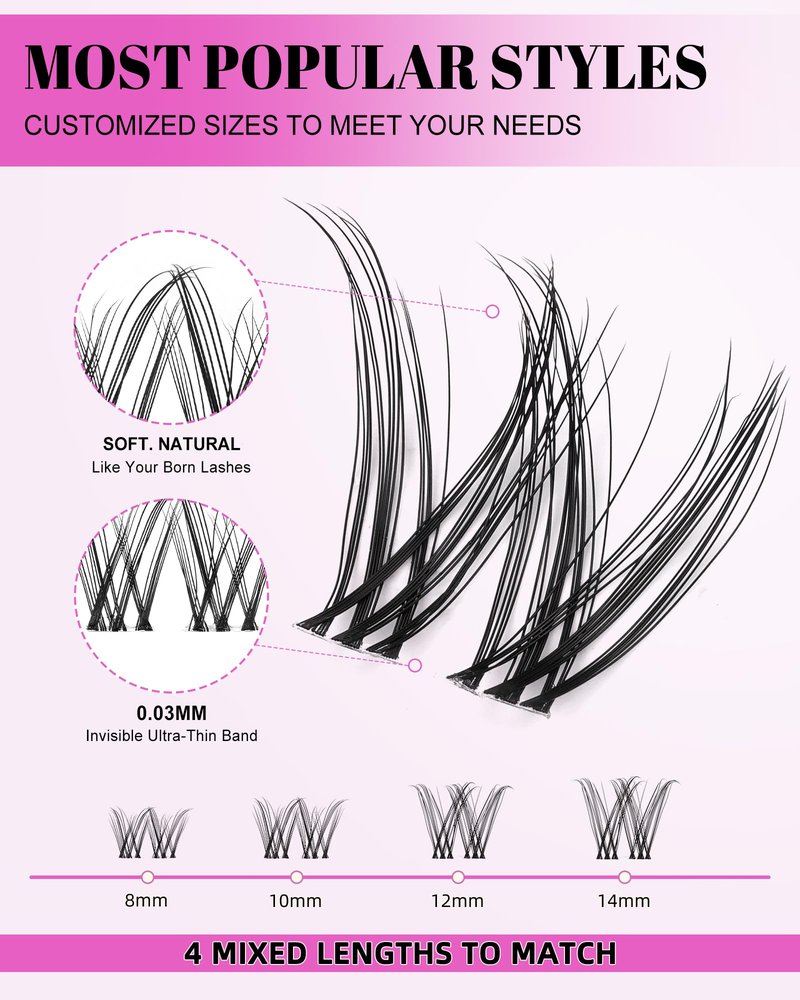 Venus Lash Clusters Kit Short 8-14mm Natural Cluster Lashes Kit Wispy Eyelash Clusters Kit DIY Eyelash Extension Kit with Lash Bond and Seal & Tweezers Remover for Fake Lashes Extensions