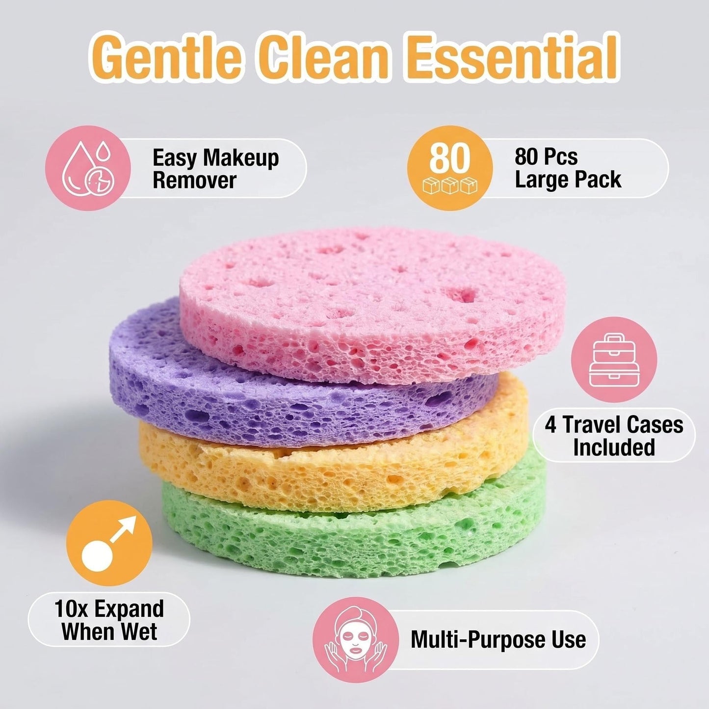 Compressed Facial Sponges BS-MALL 80 Count,Reusable Face Cleansing Pads,Gentle Exfoliating Sponges for Makeup Removal, Deep Cleansing, Dead Skin Removal,Travel-Friendly Spa Skincare Sponges