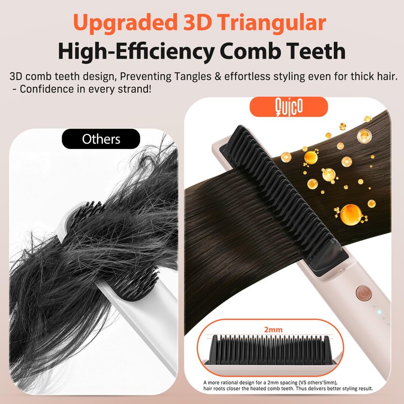 Quico Hair Straightener Brush, 100-240V Dual Voltage Ionic Straightener Brush for Women, Ceramic Travel Hair Straightener Comb, Electric Hot Comb Flat Iron, Auto Temp Lock & Auto-Off Function, Pink