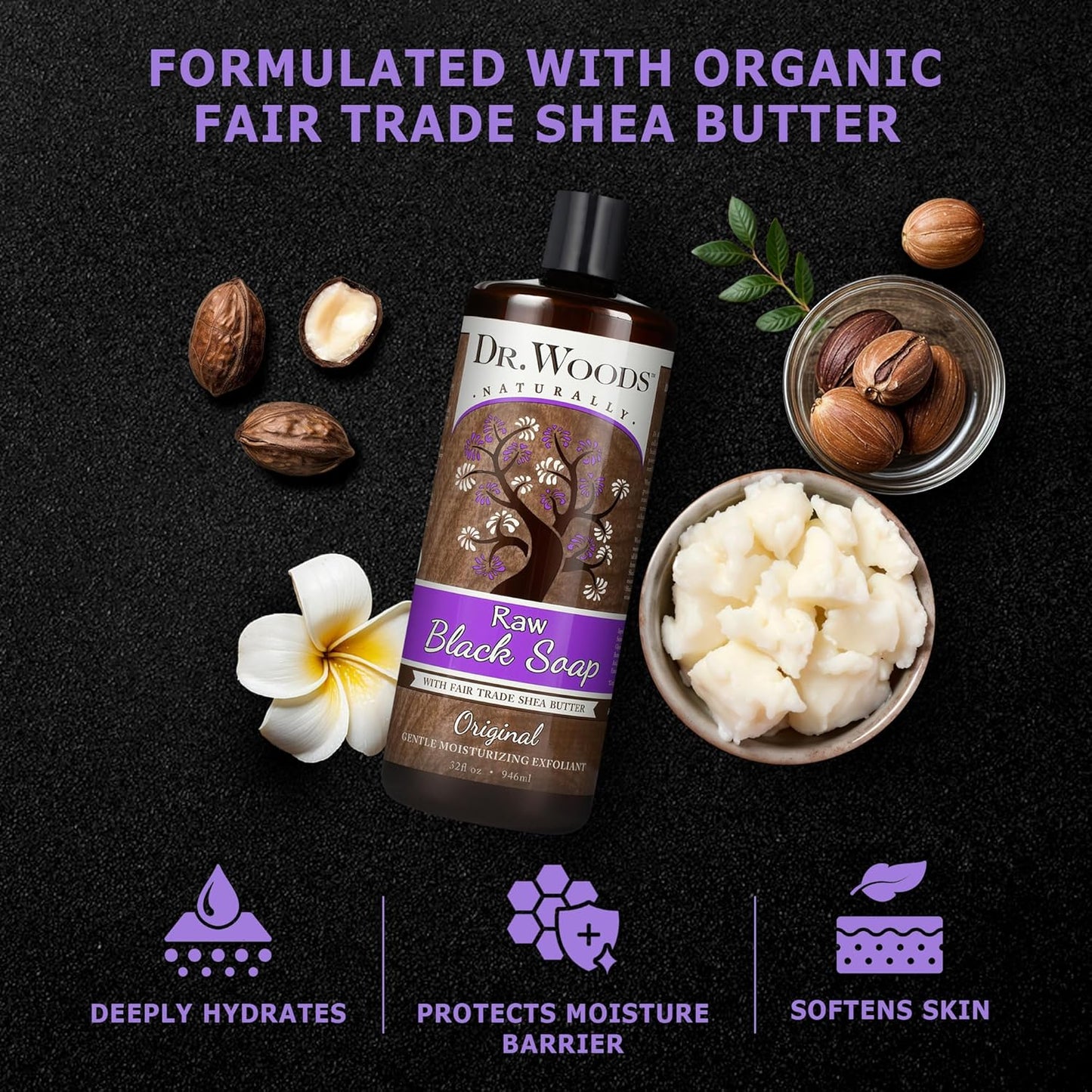 Dr. Woods Raw African Liquid Black Soap - Organic Shea Butter Body Wash | Gentle Exfoliant for Face & Body - 32 Fl Oz, Pack of 3