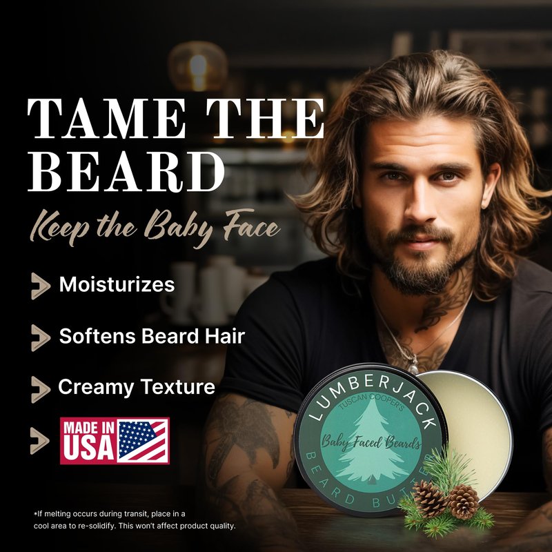 Tuscan Cooper's Baby Faced Beards Butter for Men - Moisturizing Beard Balm Cream and Softener for All Hair Types Including Coarse Hair - 4oz Hydration and Conditioning Care - Lumberjack Scent