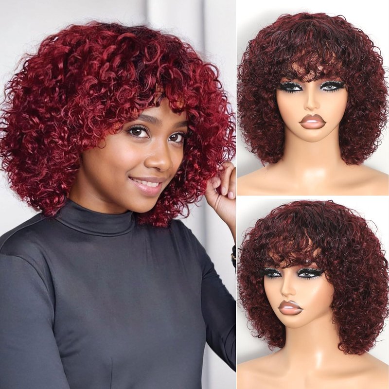 REMESSE Short Curly Bob Wig Human Hair With Bangs Short Curly Human Hair Wig For Black Women Glueless 250% Density Short Water Wave Human Hair Wig With Bangs 99J 10Inch