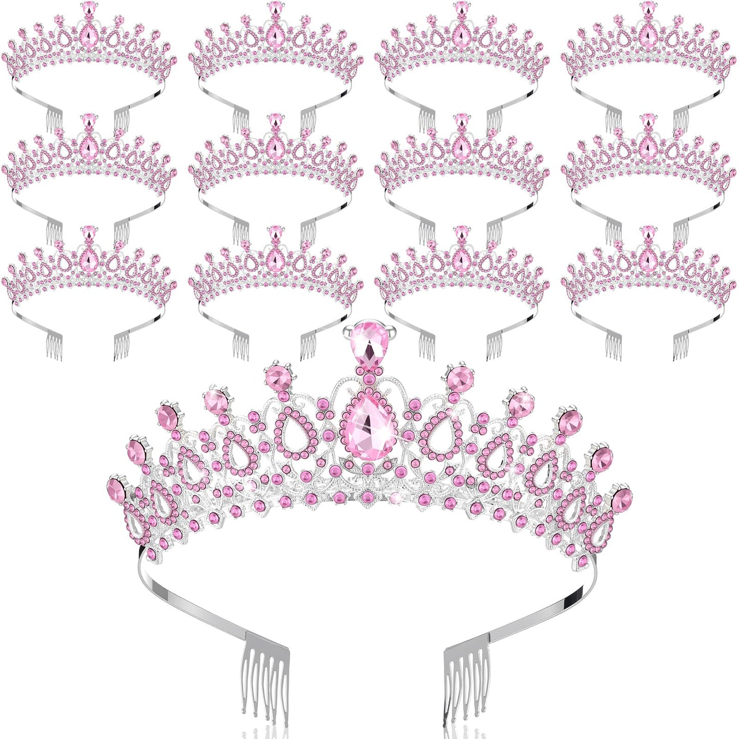 Loetere 12 Pcs Crystal Tiara and Princess Crown with Comb Crown Rhinestone Women Tiara Headpiece Queen Hair Accessories for Party Wedding Prom Halloween Cosplay Costume(Pink)