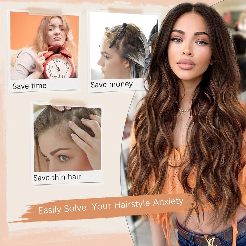 XIXIBI Long Brown Wigs for Women Ombre Brown with Blonde Highlights Wavy Wig Synthetic Middle Part Natural Looking Heat Resistant Wigs for Daily Party Use