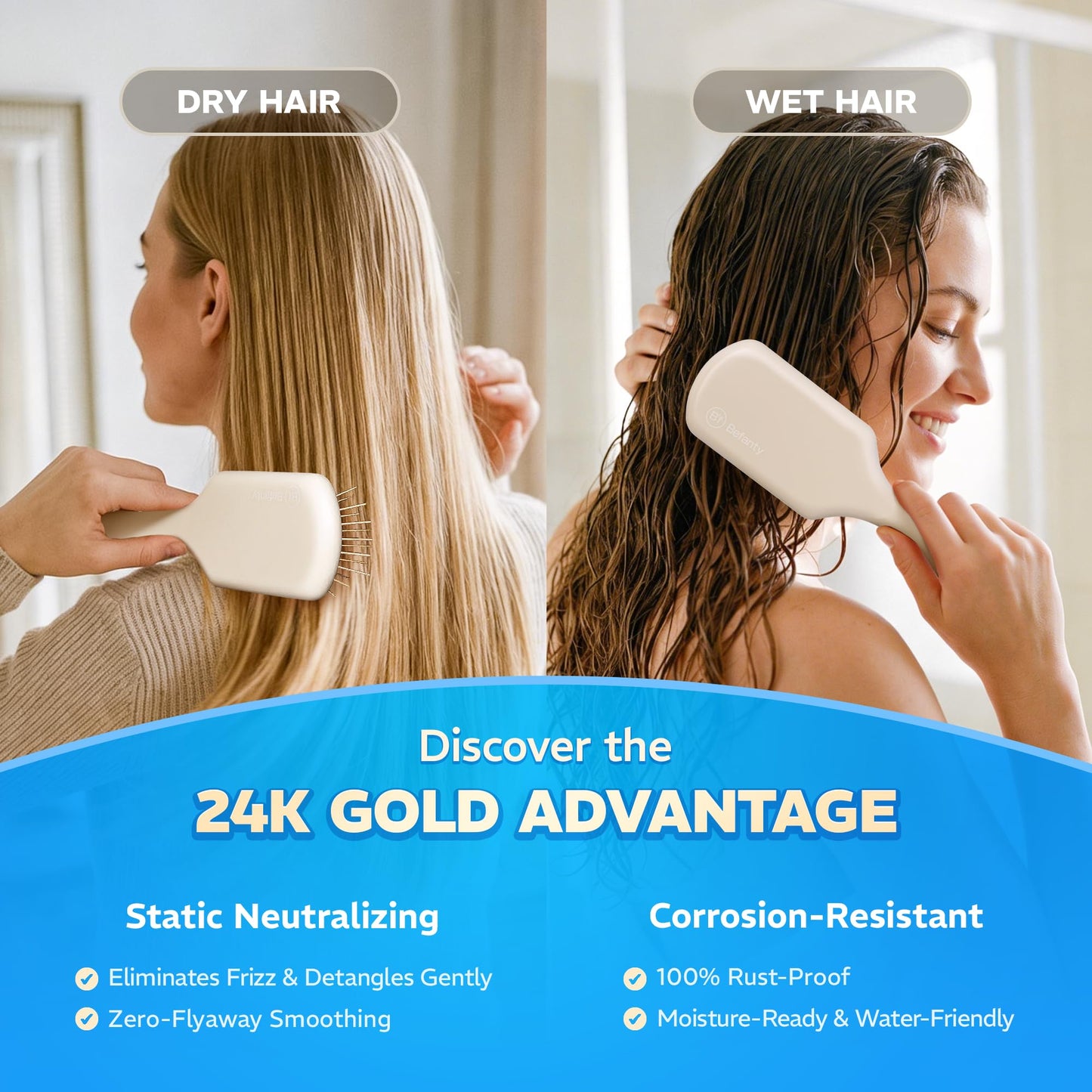 Befanty 24K Gold Plated Gua Sha Hairbrush & Scalp Massager, Anti-Static Metal Bristle Comb for Dry & Wet Brush, Detangler & Curly Hair Brushes for Women & Men