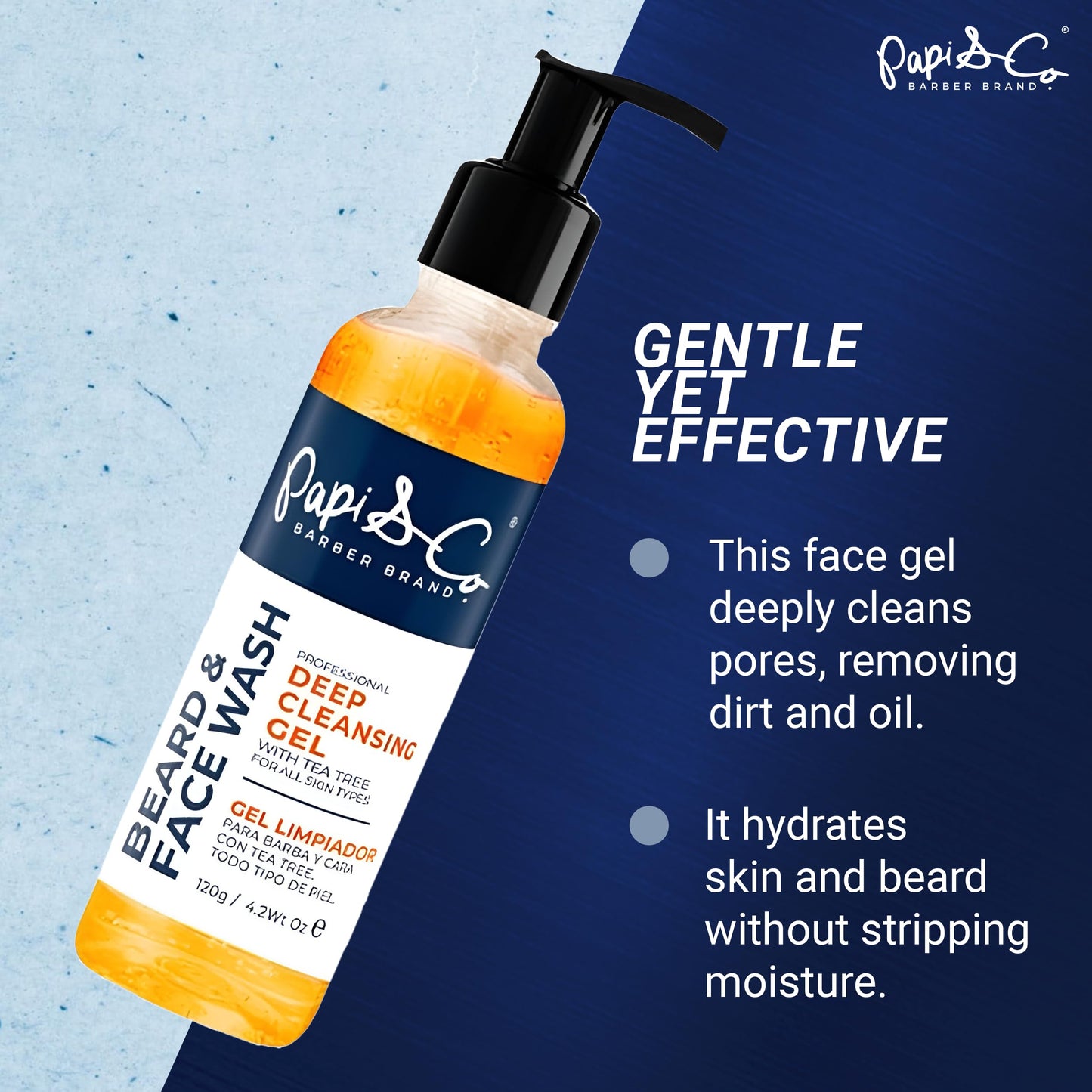PAPI & CO. - Men's Beard & Face Wash - Deep Cleansing Gel Facial Cleanser - Hydrating Purifying Exfoliating Beard Wash - Moisturizing Conditioner for Itching Relief - Sulfate & Paraben- Free - 4.2 oz