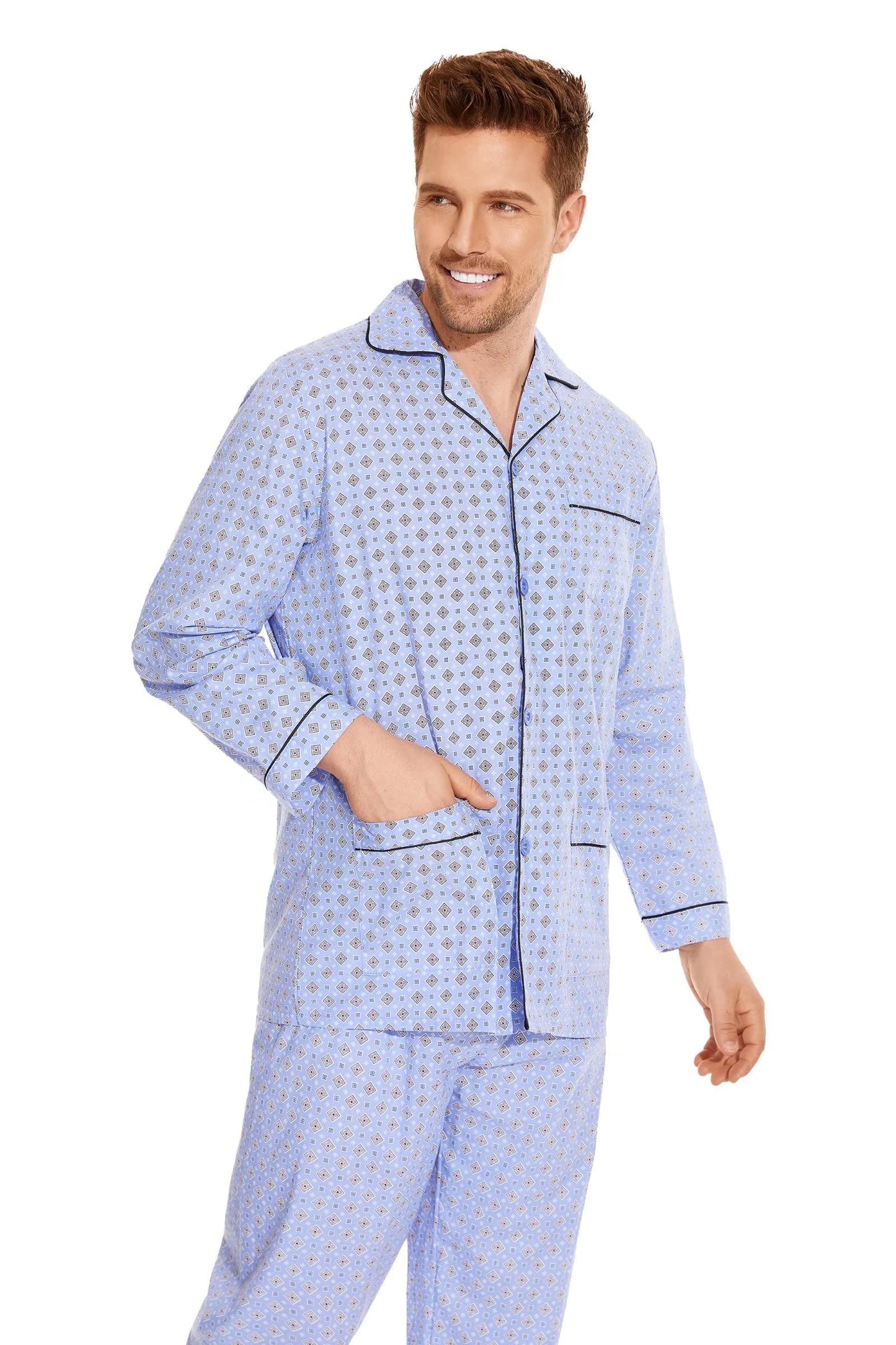 GLOBAL Mens Pajamas Set, 100% Cotton Woven Drawstring Sleepwear Set with Top and Pants/Bottoms,Medium