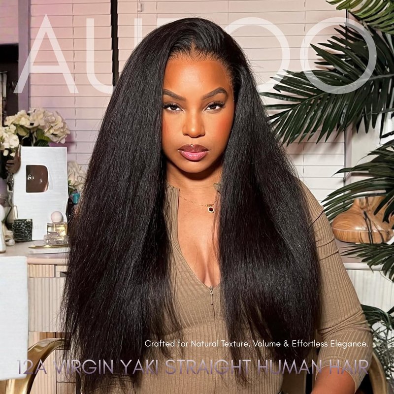 AUROO 2x6 Kim K Lace Closure Only Yaki Straight Human Hair, 12A 100% Virgin Light Yaki Straight Long Deep Parting 2 by 6 HD Lace Closure Pre Plucked 180% Density Kinkystraight Natural Black Remy 14 In