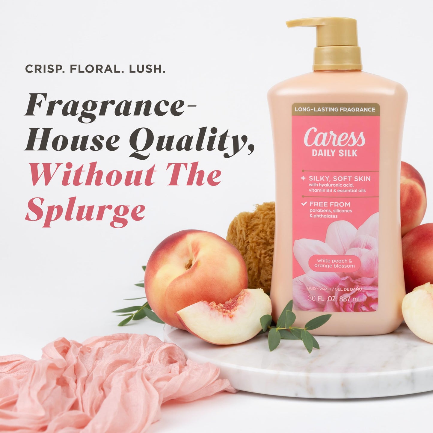 Caress Body Wash With Pump Daily Silk White Peach & Orange Blossom Body Soap for Noticeably Silky, Soft Skin 30 fl oz, 4 Pack