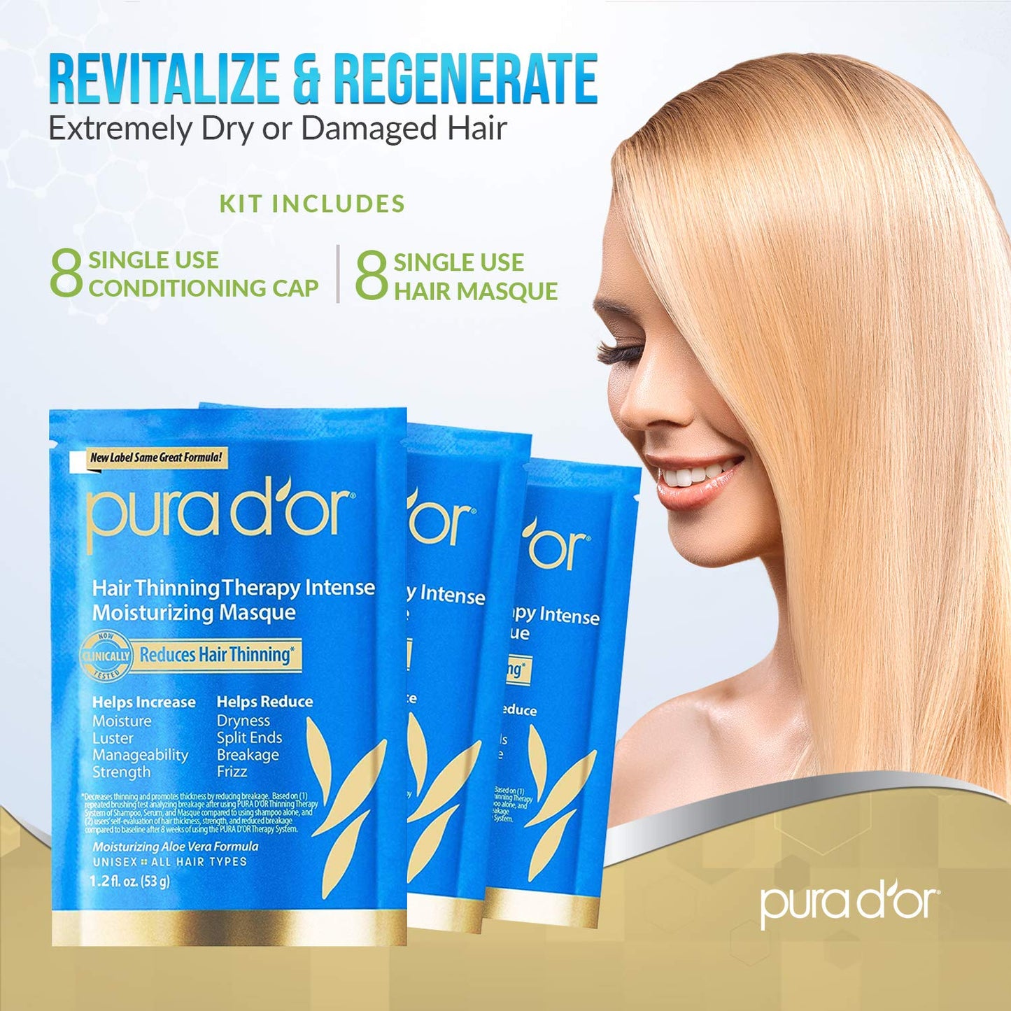 PURA D'OR Hair Thinning Therapy Intense Moisturizing Biotin Masque 8-Pack (9.6oz) + Scalp Therapy Energizing Scalp Serum Revitalizer (4oz) Hair Thinning and Damage Repair Kit