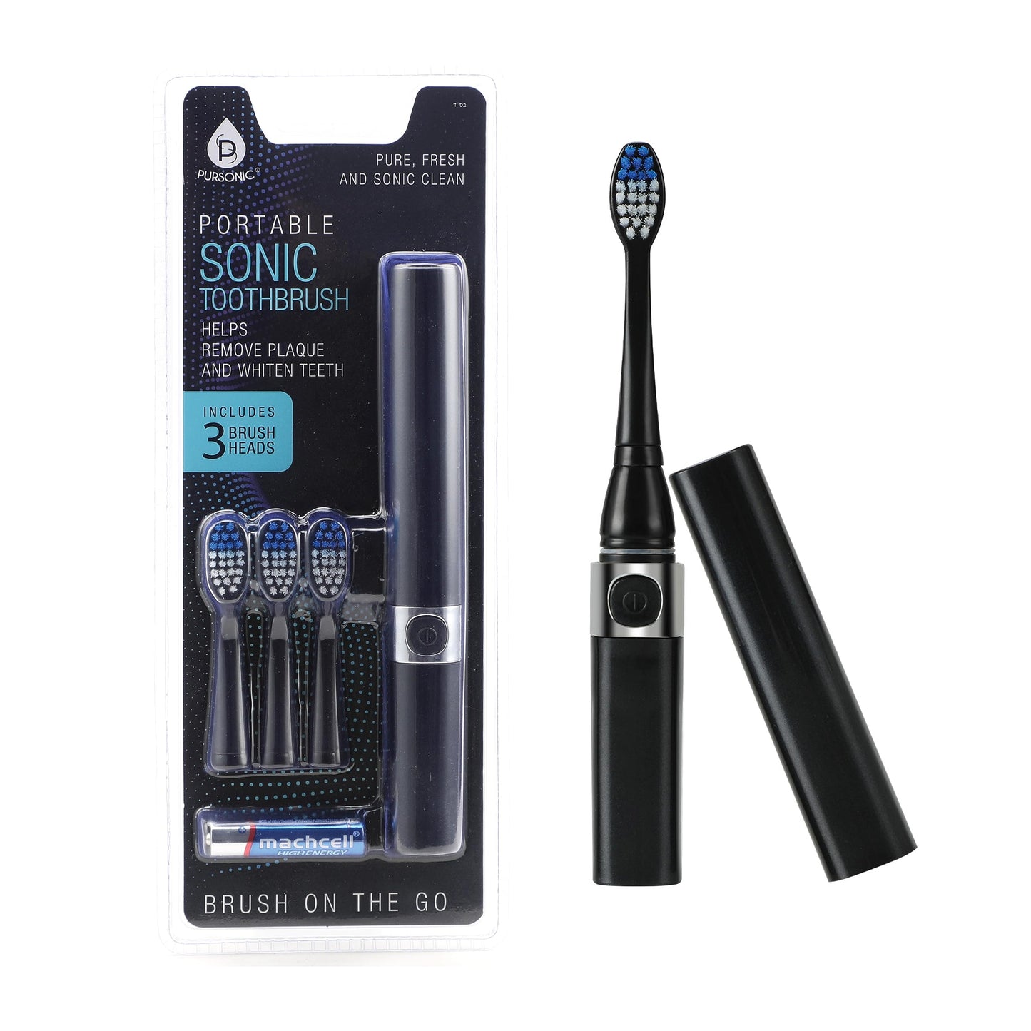 Pursonic Portable Sonic Toothbrush Battery Operated, Battery Included, 3 Brush Heads Included, 22,000 Strokes Per Minute, Brush On The Go