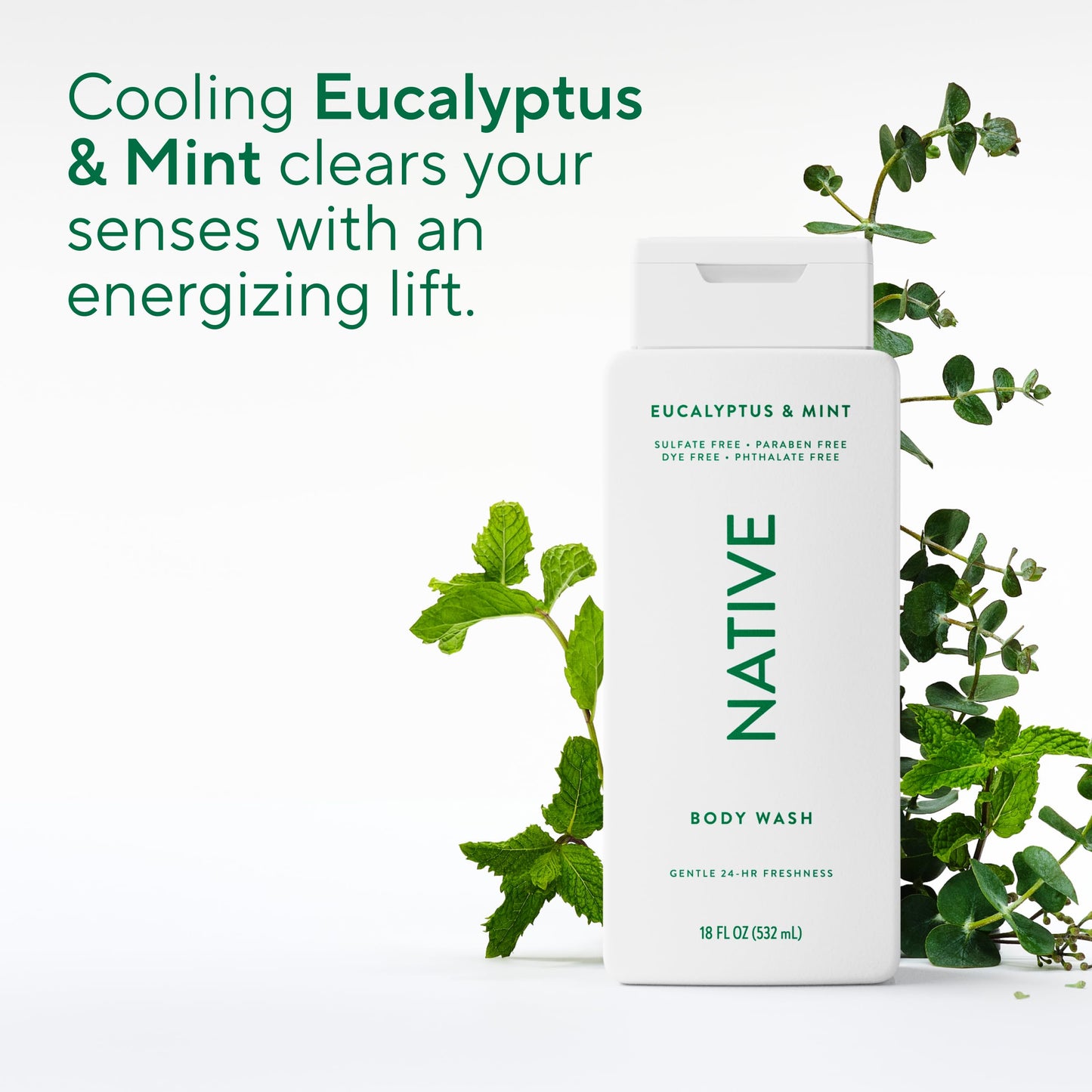 Native Body Wash Contains Naturally Derived Ingredients | For Women & Men, Sulfate, Paraben, & Dye Free Leaving Skin Soft and Hydrated | Eucalyptus & Mint 18 oz