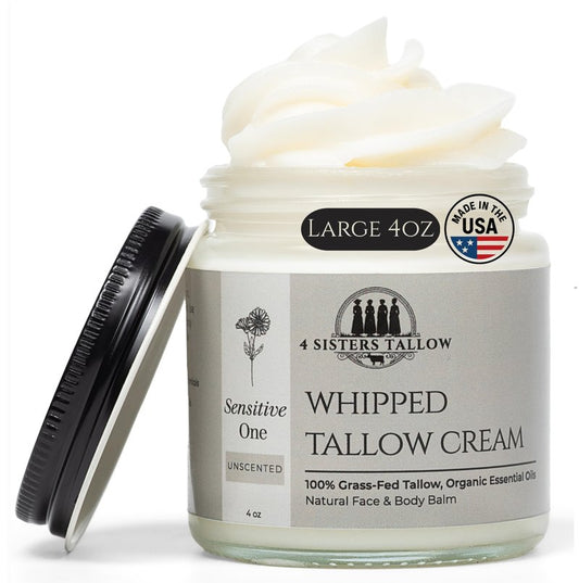 100% Grass Fed Beef Tallow For Face & Skin - All Natural Tallow Face Cream - Whipped Moisturizer Lotion - Made in USA - 100% Organic Essential Oils - Lrg 4 Fl Oz - For Sensitive Skin - (Unscented)