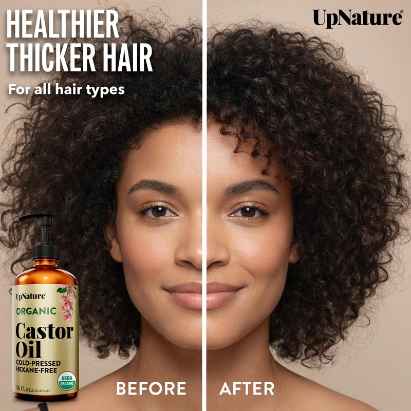 UpNature Organic Castor Oil Cold Pressed Glass Bottle 16oz - 100% Pure USDA Certified, Hexane Free - For Face, Hair & Skin