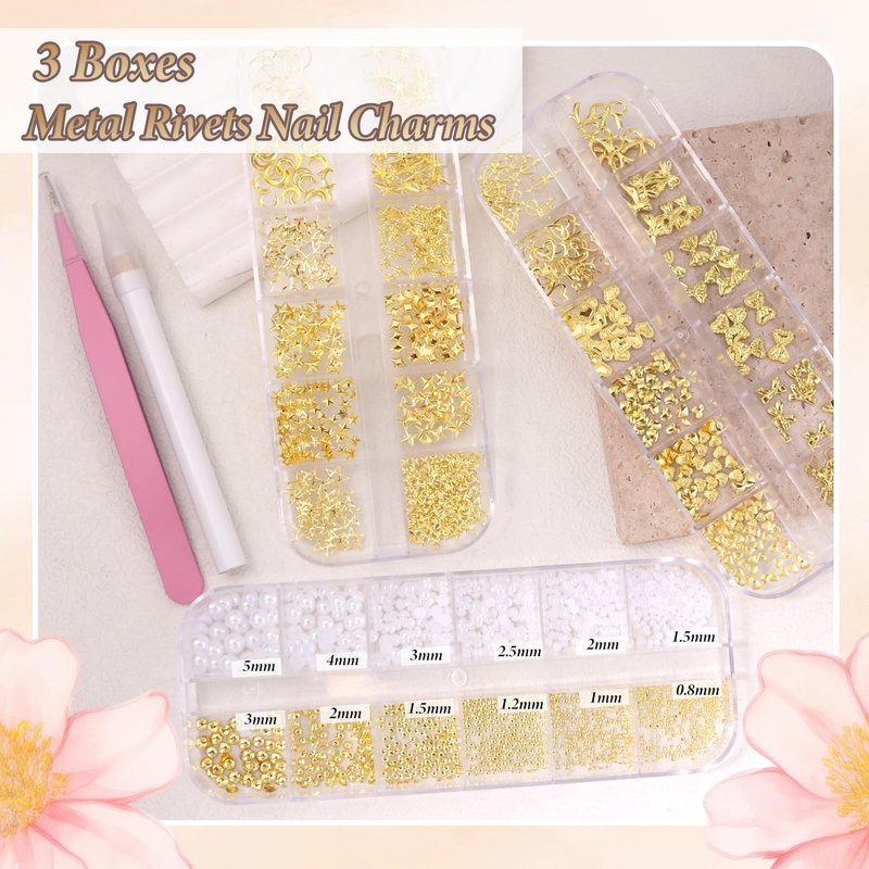 Gold Nail Charms Pearls, Heart Bow Nail Art Charms, Metal Cross Star Moon Nails Studs, Half Round Flatback Nail Pearls Charms, Caviar Nails Beads Charms for Nails Design DIY Craft