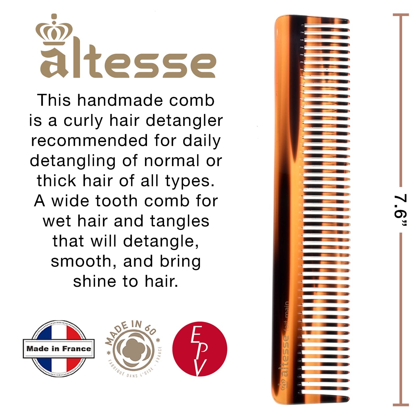 Altesse 11011 Wide Tooth Comb Detangler and Curl Defining Comb for Women, Hair Detangler Combs for Women, All Wide Teeth Acetate Large Dresser Comb or Mens Beard Detangling Comb Handmade in France