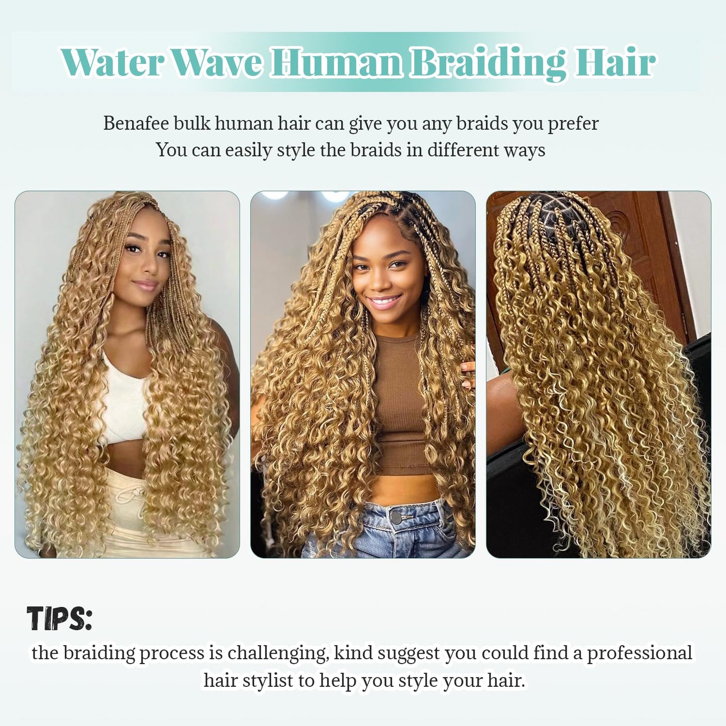 Water Wave Bulk Human Hair for Boho Knotless Braids 18 Inch Ombre Color Strawberry Blonde with Bleach Blonde Highlights No Weft 2 Bundles 100G Deep Curly Micro Extensions for Braiding