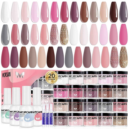 27PCS Morovan Dip Powder Nail Kit - 20 Color Starter Set with Liquid for DIY Nail Art