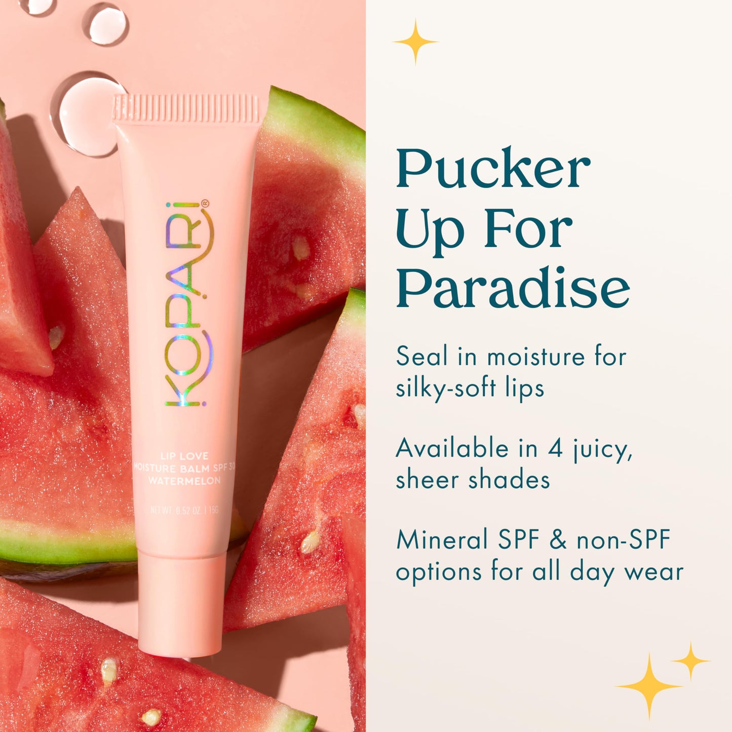 Kopari Lip Love Moisture Balm in Watermelon SPF 30, Tinted Mineral Lip Sunscreen with Ceramides & Squalane, Clean Vegan Hydrating Balm, 0.35 oz