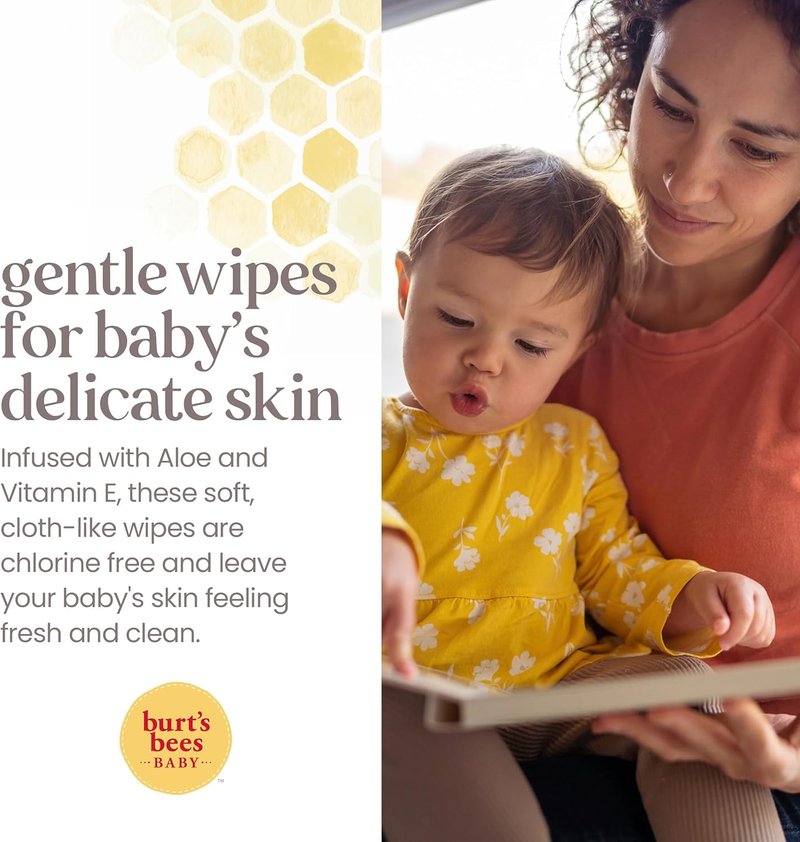 Burt's Bees Baby Wipes - Unscented Natural Aloe & Vitamin E for Sensitive Skin | 72 Wipes Per Pack