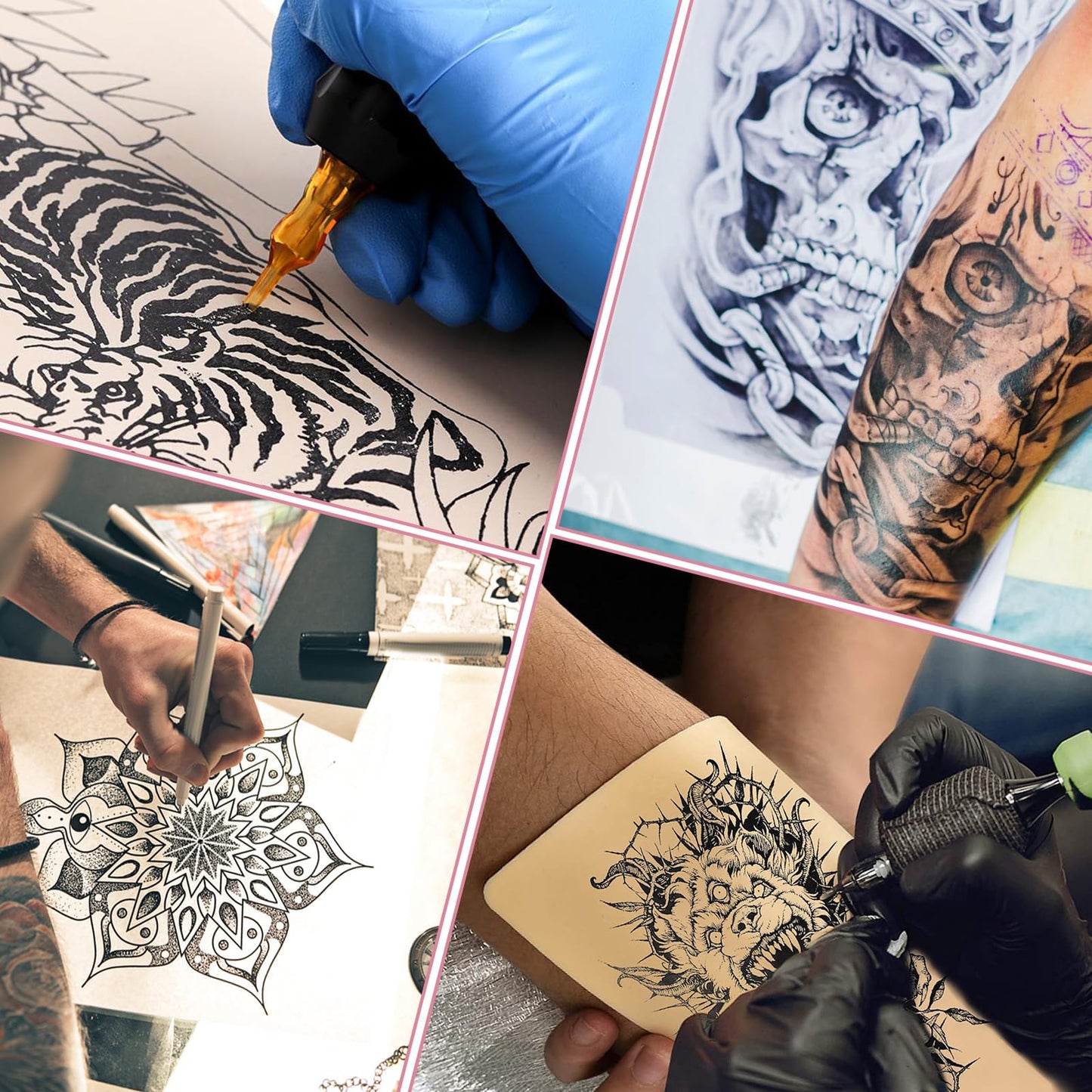 614PCS Tattoo Practice Skin Kit for Beginners - Professional Tattoo Training Set with 10 Realistic Fake Skin, 50 Transfer Paper, 300 Ink Cups, 200 Machine Covers, 4 Grip Tape & 50 Dental Bibs