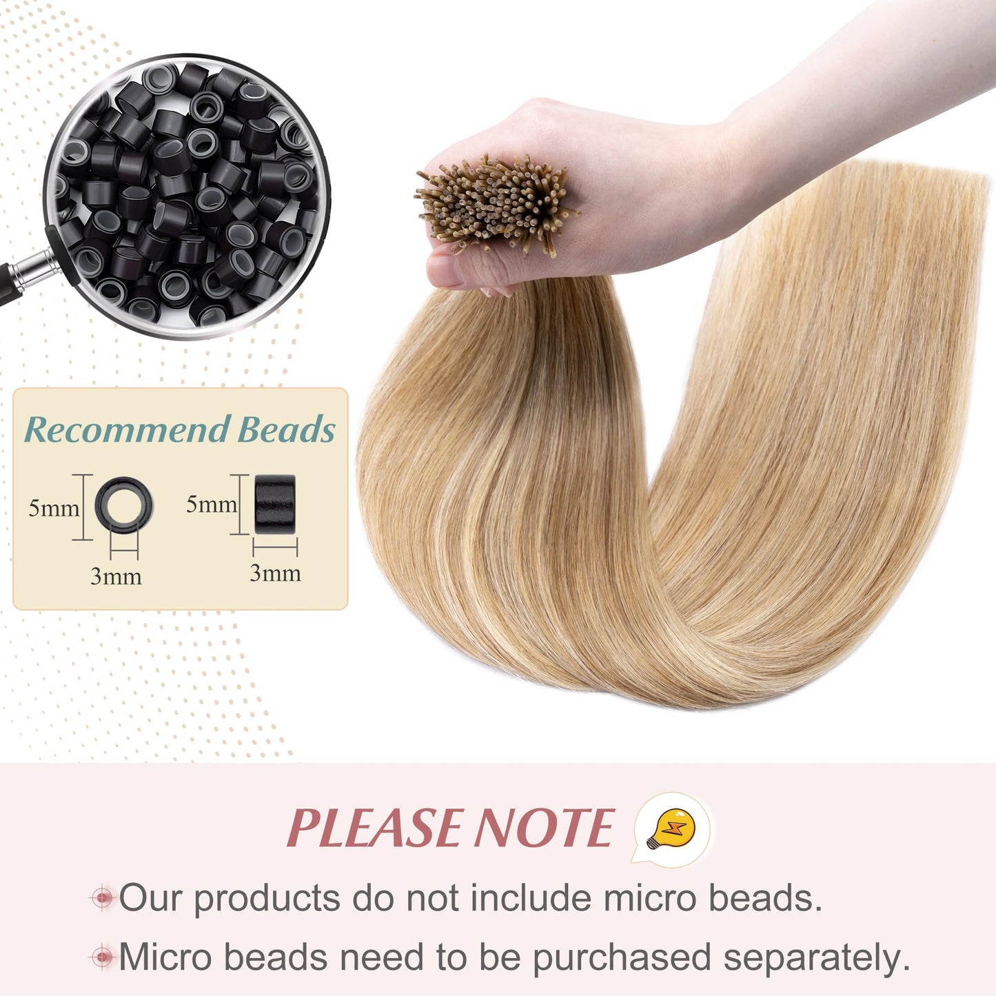 SEGO I Tip Hair Extensions Human Hair Keratin Pre Bonded MicroBeads Tip Balayage Natural Silky Straight Extensions 100 Strands 50g/Pack -16 Inch Golden Brown&Bleach Blonde