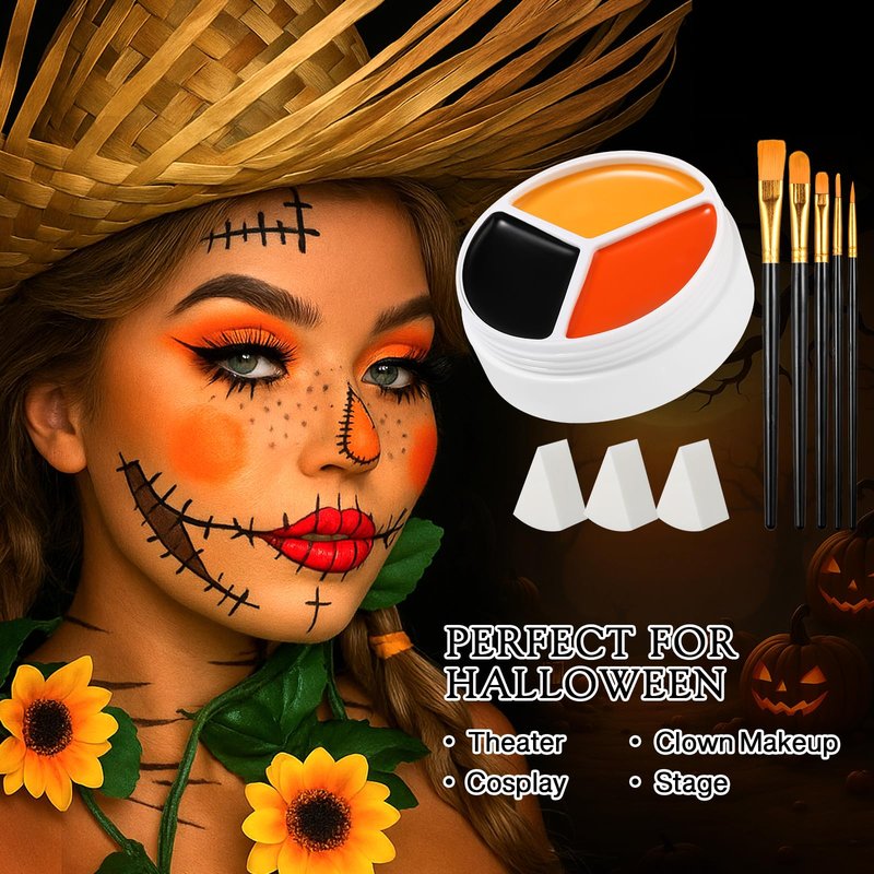 Black Yellow Orange Face Body Paint Kit, Pumpkin Halloween Makeup Cream Bodypaint with Brushes & Sponge Applicators , Facepaint Set for Scarecrow Clown Tiger Lion Fox Costume Cosplay SFX Looks