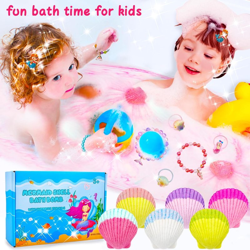 Mermaid Bath Bombs for Kids - 6 Pcs Natural Fizzy Shells with Surprise Jewelry | Perfect Gift for Birthdays, Christmas & Easter
