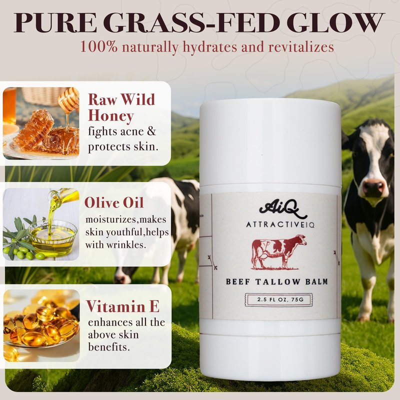 AttractiveIQ Beef Tallow Moisturizer for Skin – New Zealand Grass Fed Tallow Balm Stick with Vitamin E, Raw Honey & Olive Oil – Natural Face & Body Moisturizer for Dry, Sensitive Skin 2.5oz