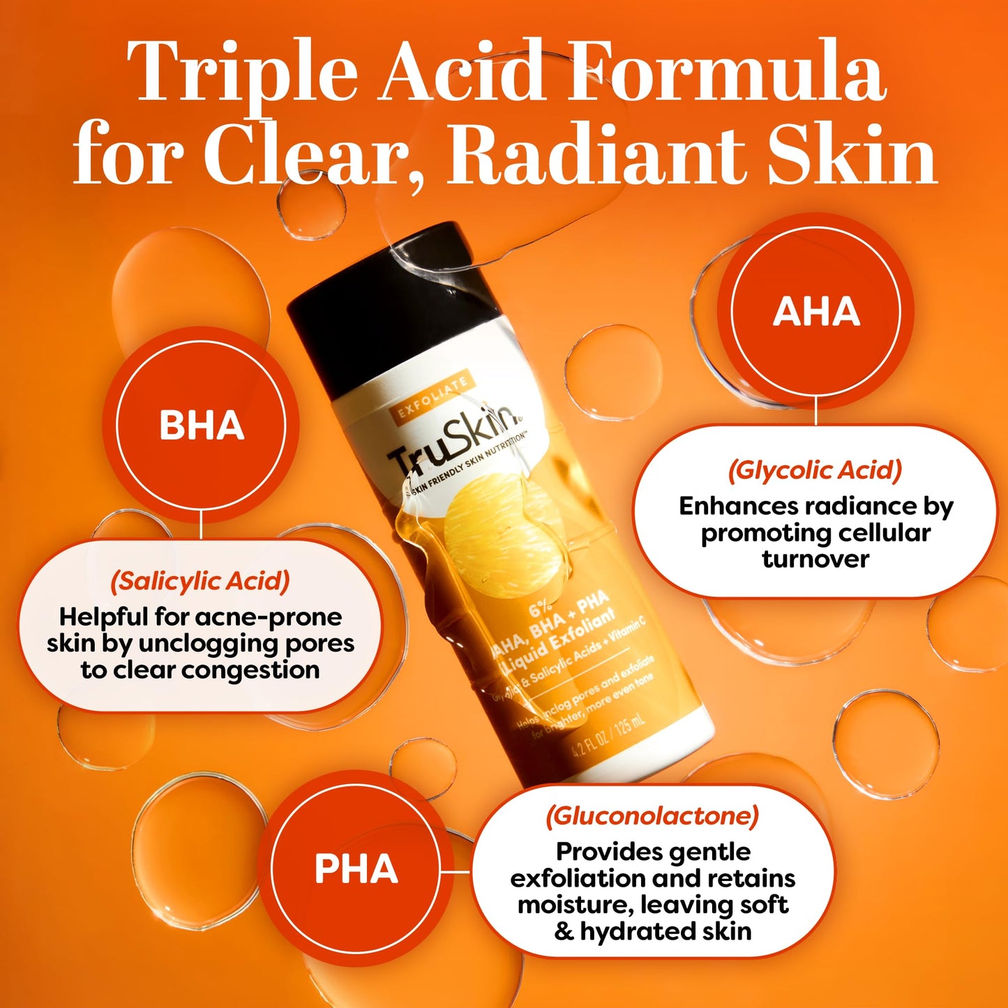 TruSkin BHA Liquid Exfoliant & Toner for Face - Triple Acid AHA BHA PHA Exfoliator with Salicylic, Glycolic Acid & Vitamin C - Improves Look of Tone & Texture, Unclogs Pores, 4.2 fl oz
