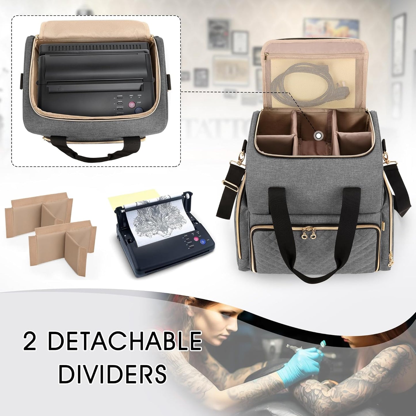 LUXJA Large Tattoo Travel Case - Organizer with 3 Removable Pouches for Tattoo Supplies | Gray