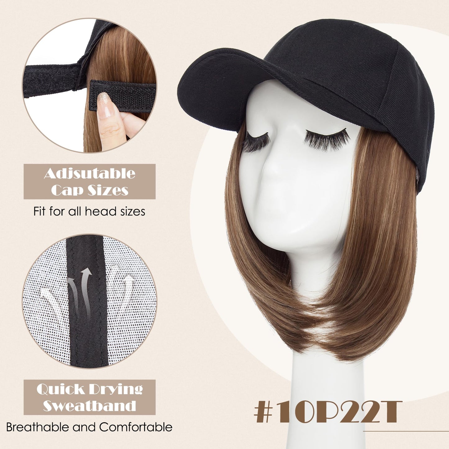 S-noilite Hat Wig for Women, Black Baseball Cap Wig with Short BOB Hair Attached Synthetic Hair Extensions Adjustable, Light Brown Highlighted Blonde