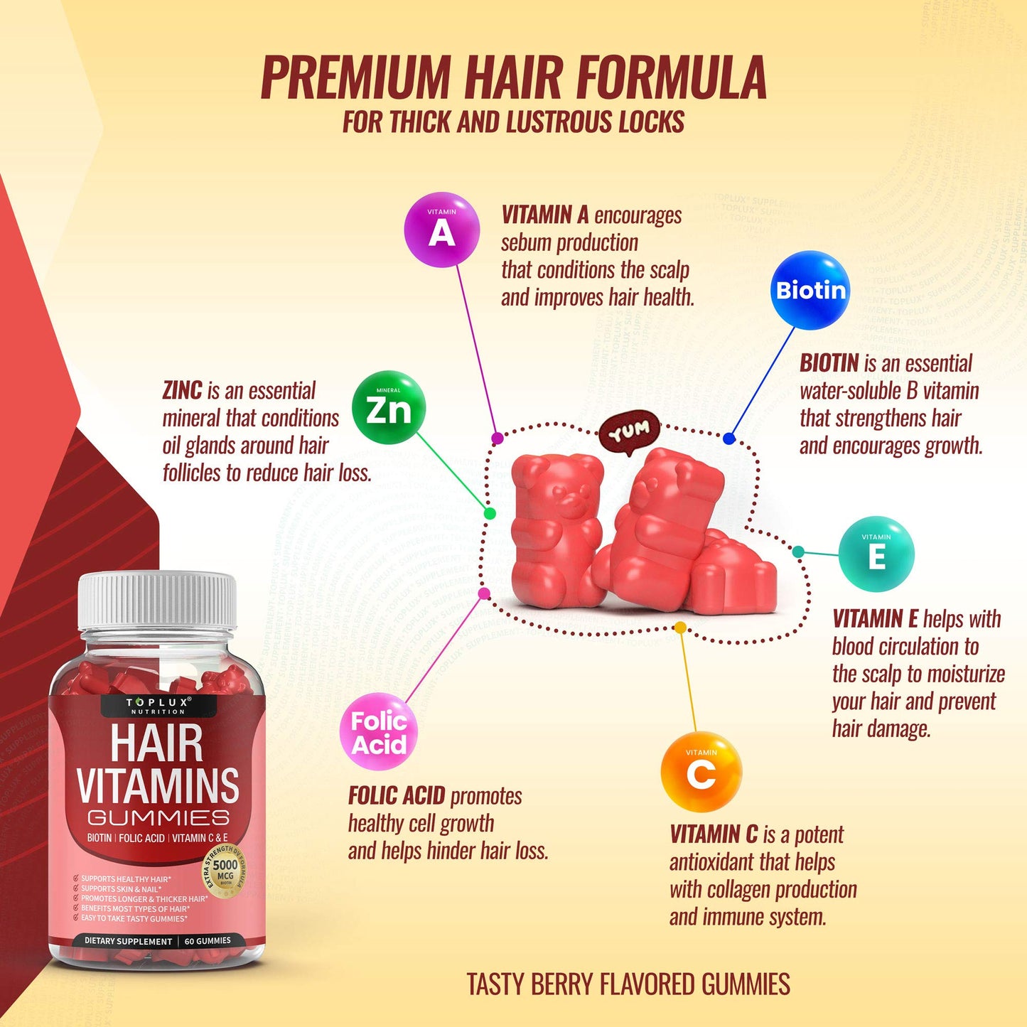 Hair Vitamin Gummies Supplement for Women & Men – Hair Growth Vitamins 5000mcg Biotin Gummies, Folic Acid, Vitamin C & E, Support Stronger & Thicker Hair, Skin, Nails, Non-GMO Vegam for, 60 Count