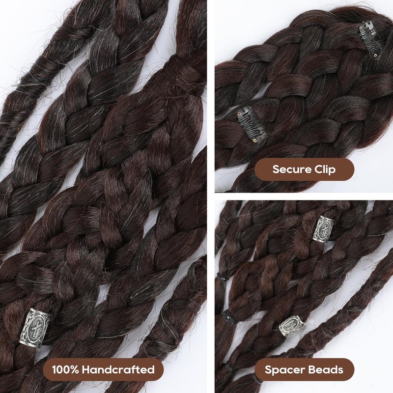 NTYNTY Viking Hair Extensions for Men – 24" Handcrafted Clip In Braided Ponytail Hairpiece for Halloween Viking Costume Renaissance Warrior Accessories - Dark Chocolate Brown