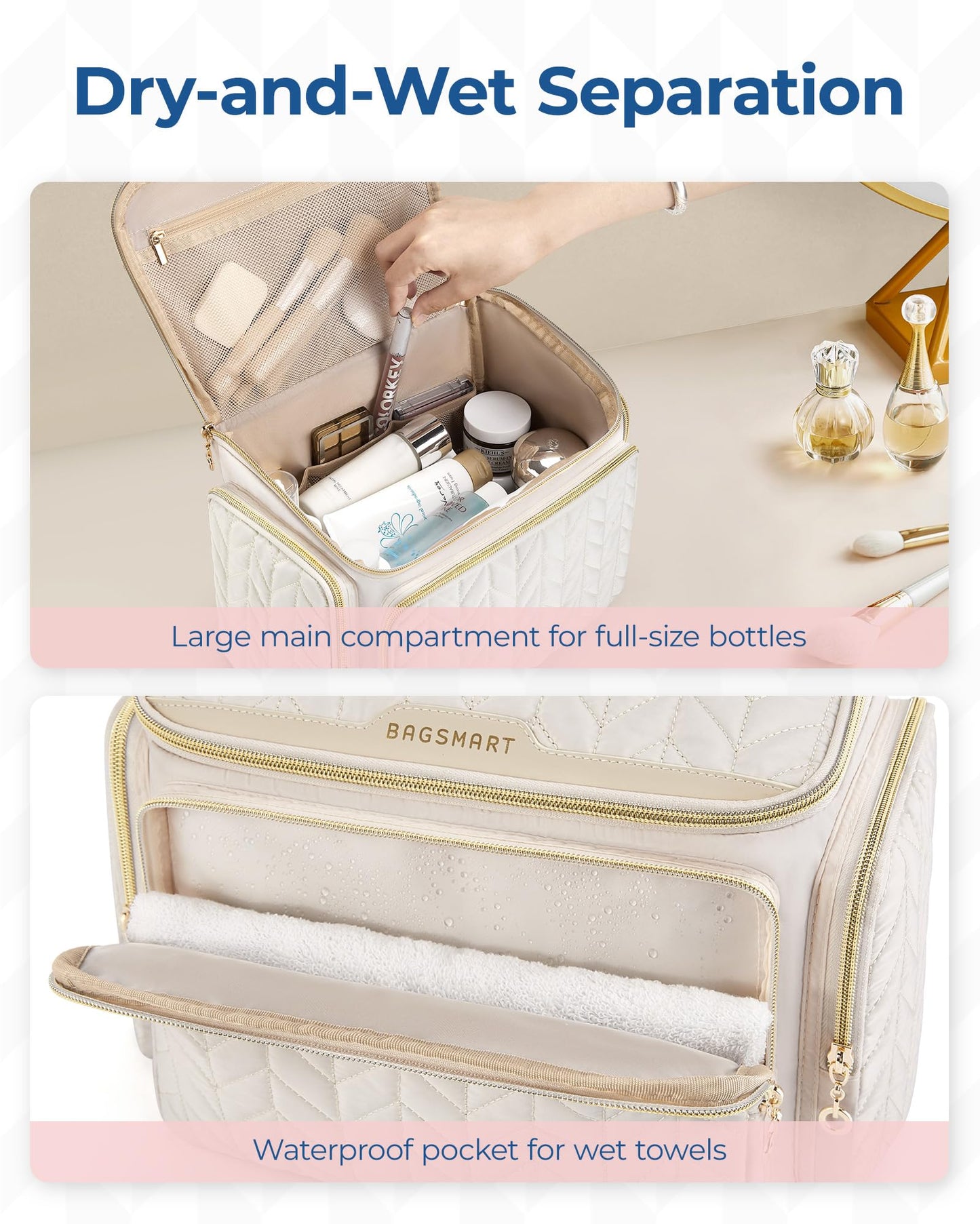 BAGSMART Travel Toiletry Bag, Large Wide-open Travel Bag for Toiletries, Makeup Cosmetic Travel Bag with Handle-Camel