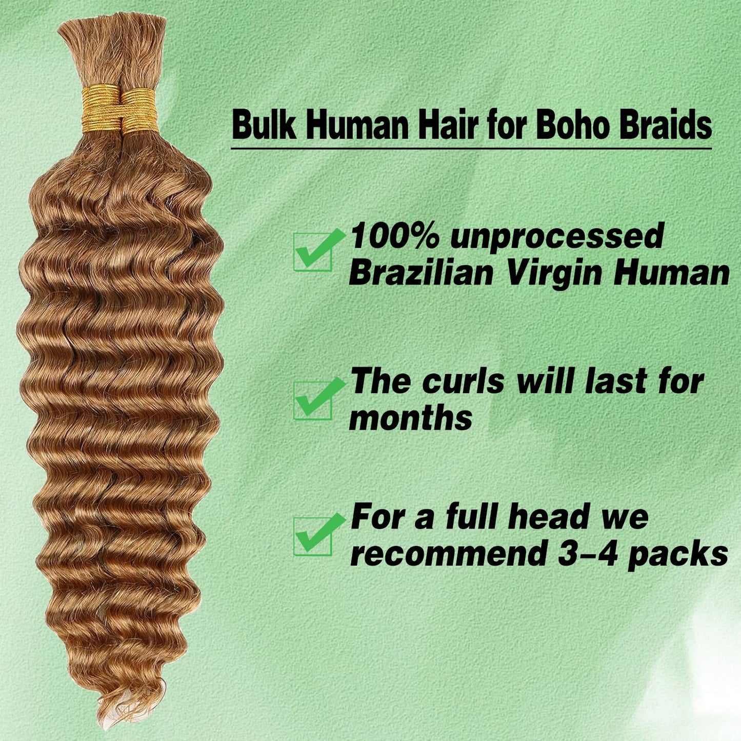 Deep Wave Bulk Human Braiding Hair 100g 14 Inch 2 Bundles Blonde Human Braid Hair for Boho Braids No Weft Color 27 Curly Brazilian Braiding Hair Extensions for Micro Braid