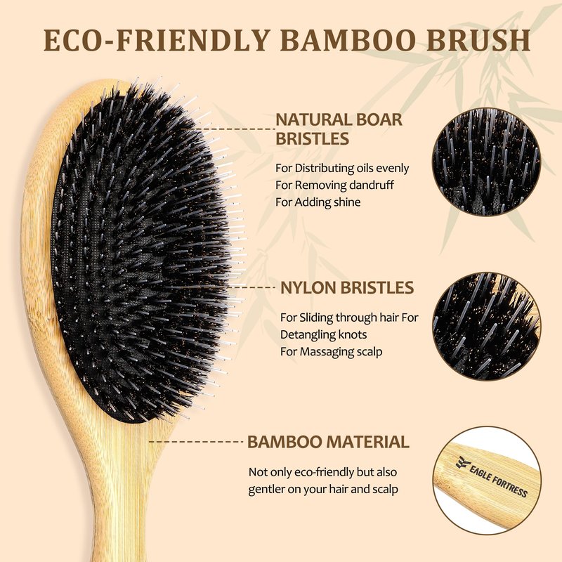 Eagle Fortress Boar Bristle Hair Brush for Women, Detangler Brush for Wet, Dry & Damaged Hair with Long Pins for Thick & Long Hair - Bamboo