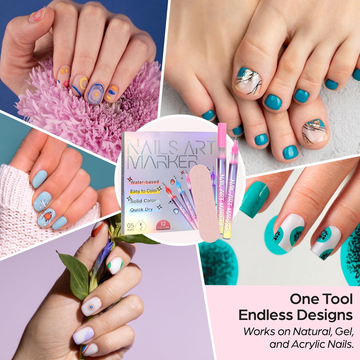 Nail Art Pen Set, 12 Colors – 0.5mm Quick-Dry Nail Painting Markers with Nail File Included for DIY Manicure