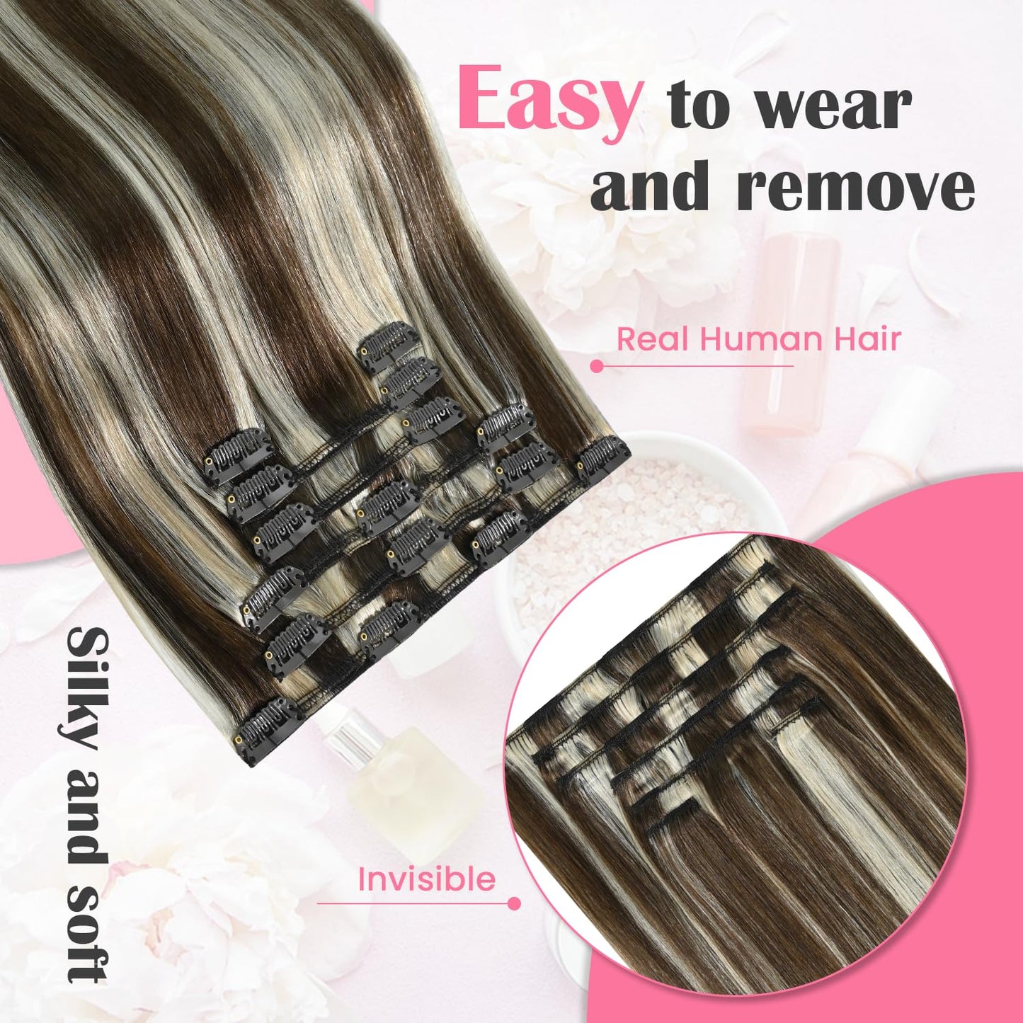 Aison Clip In Extensions Real Human Hair Balayage 75G Medium Brown to Blonde 100% Remy Human Hair Straight for Women 7pcs 16clips (15 Inch #4P613)