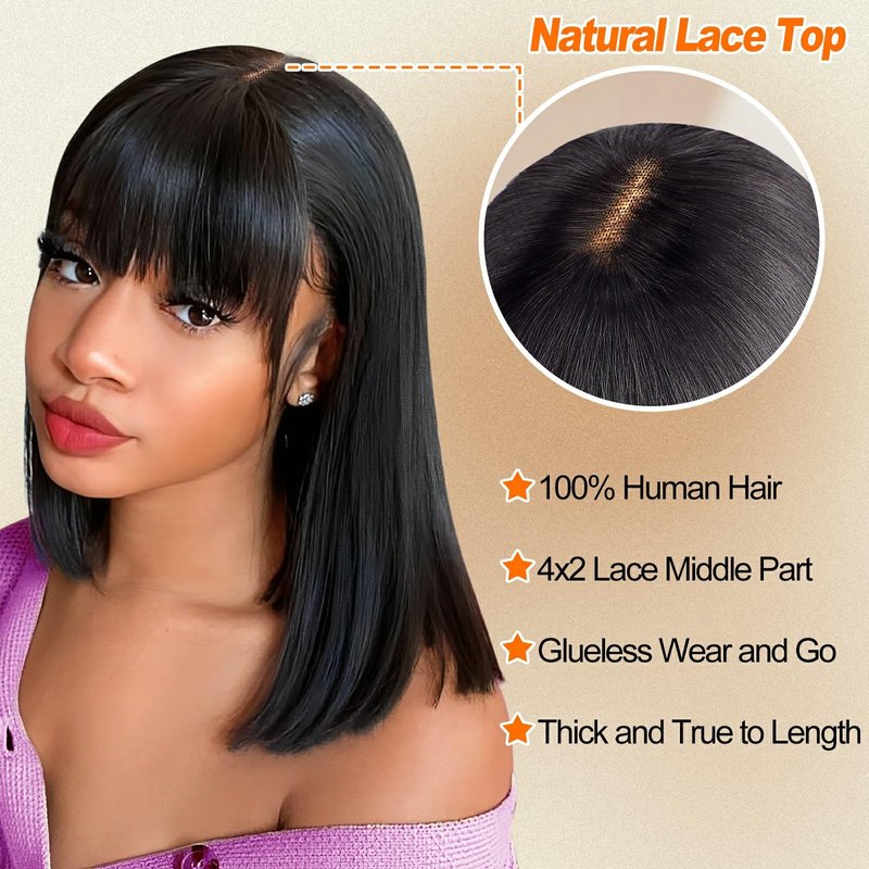 Lativ Bob Wig with Bangs Human Hair 4x2 Lace Bob Wig Human Hair with Bangs 150% Density Middle Part Natural Black(10 Inch,Bob With Bangs)