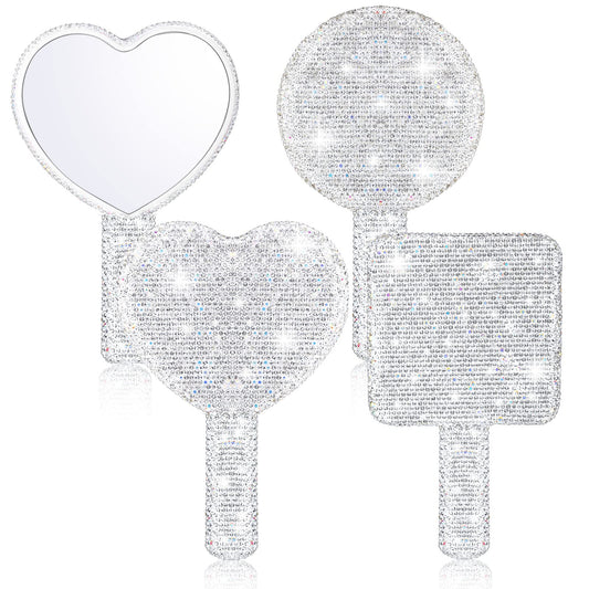 Bucherry 3 Pcs Rhinestone Hand Mirror Heart Shaped Bling Dazzling Hand Held Square Round Shape White Cosmetic Portable Decorative Personal Makeup Mirrors for Women Wedding Gift