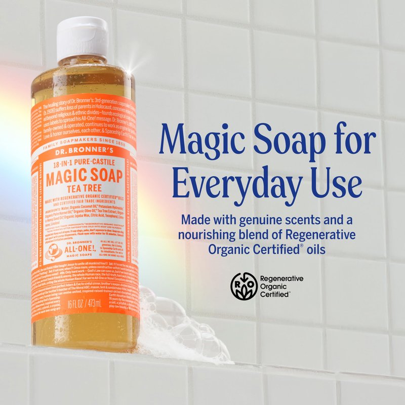 Dr. Bronner's Pure-Castile Magic Soap Liquid (Tea Tree, 16 Ounce, 2-Pack)-Made with Regenerative Organic Certified Oils, 18-in1 Uses: Face, Hair, Hand & Body Soap, Laundry- Concentrated, Vegan