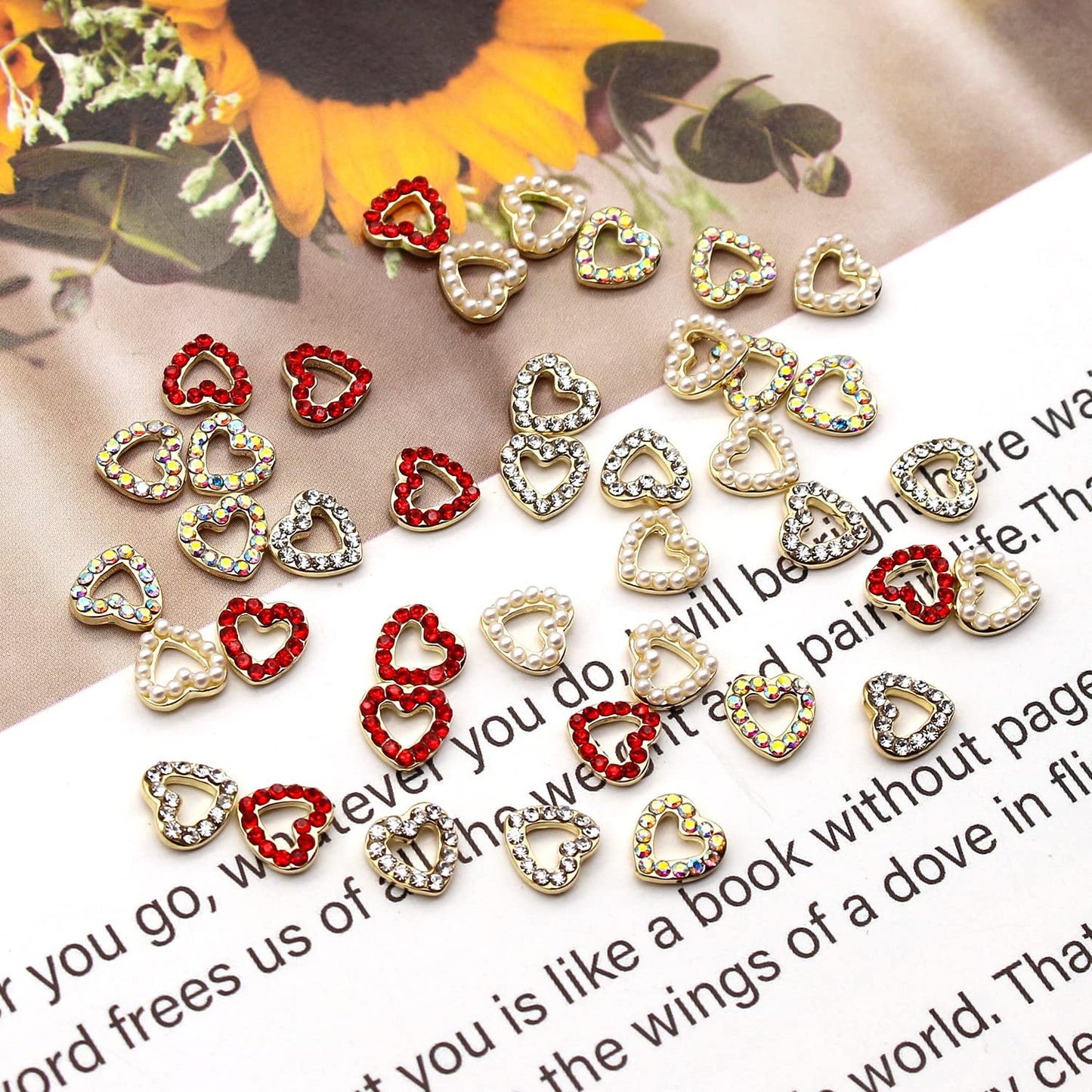 WOKOTO 40 Pcs 3D Hearts Nail Jewelrys for Nails Gold Alloy Hearts Nail Charms with Rhinestones Or Pearls for Nail Art 3D Hearts Nail Gems and Rhinestones Nail Hearts Charms for Nails Accessory