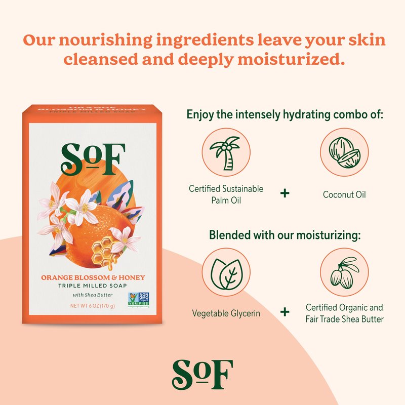 South Of France SoF Triple Milled Bar Soap - With Coconut Oil & Organic Shea Butter- Vegan & Non GMO- Free From Phthalates, Sulfates & Parabens- Orange Blossom & Honey - 6 oz Bar 4 Bars
