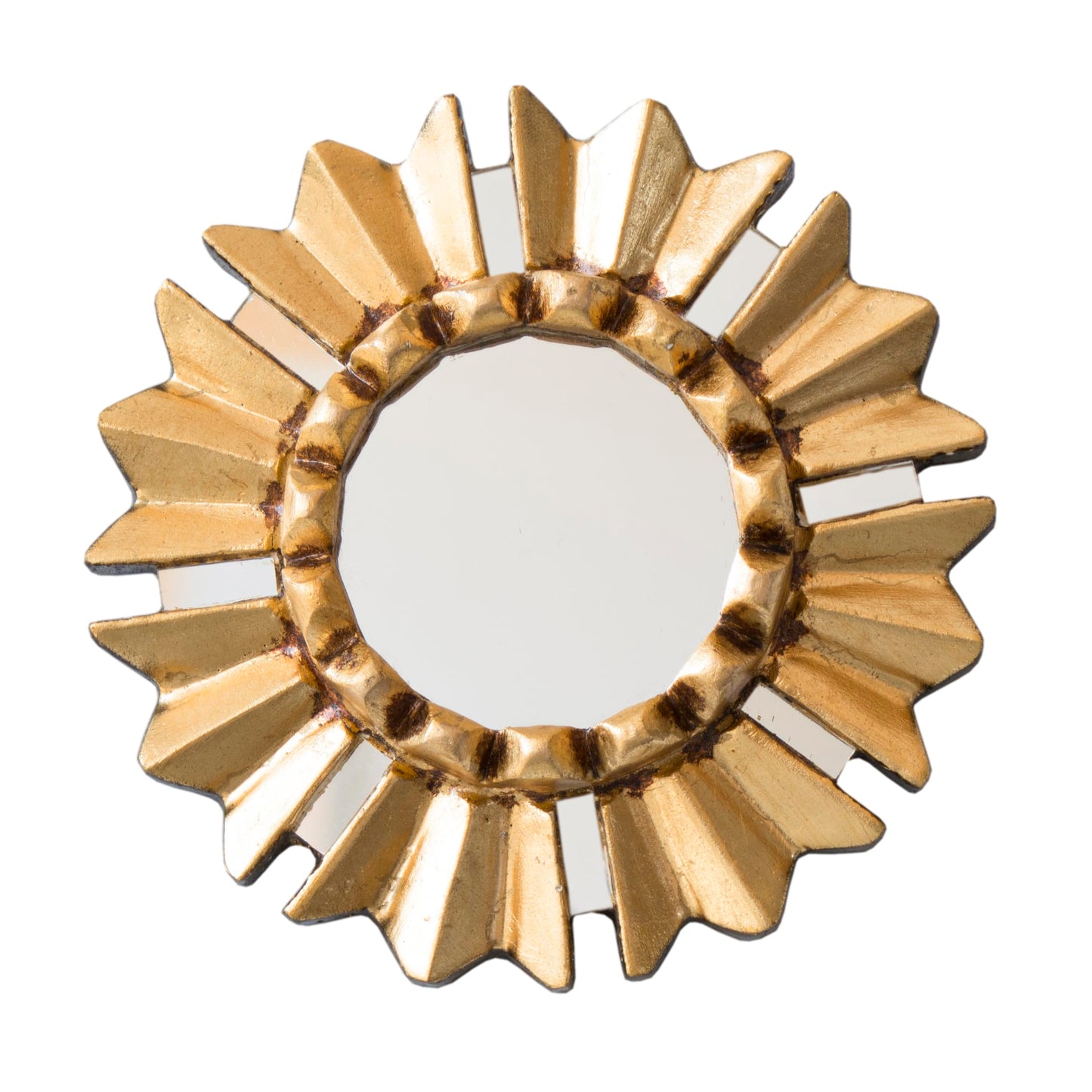 DecorContreras Small Round Wall Mirror with Bronze Leaf Frame 6in -Peruvian Sun Design - Handmade Wood Hanging Mirror Decor