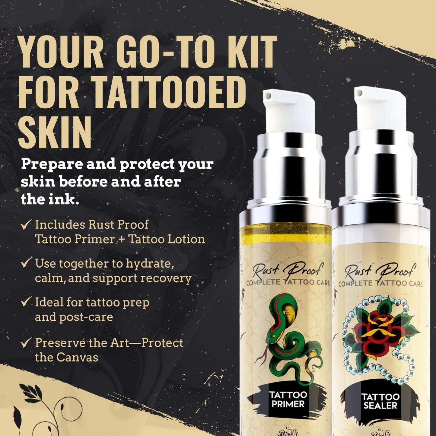 Rust Proof Complete Tattoo Care – Comprehensive Pre & Post Tattoo Skincare Set with Body Oil & Moisture Sealing Body Lotion – Lightweight Hydration & Moisture Barrier Protection – 2- Piece Bundle