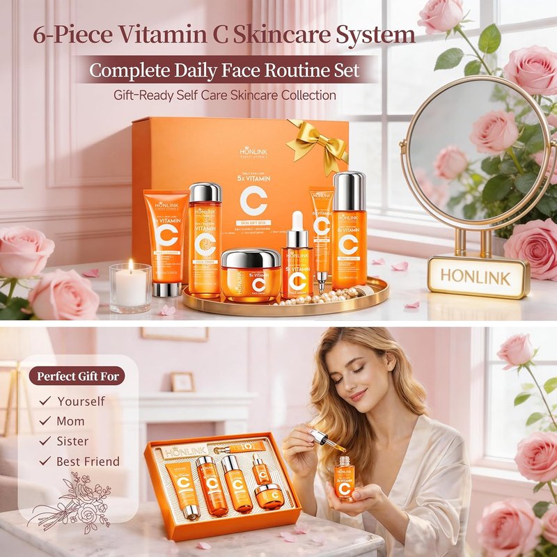 Hydrating Vitamin C Skincare Set - 6-Piece Daily Face Care Routine with Niacinamide, Cleanser, Toner, Serum, Moisturizer, Eye Cream & Body Lotion