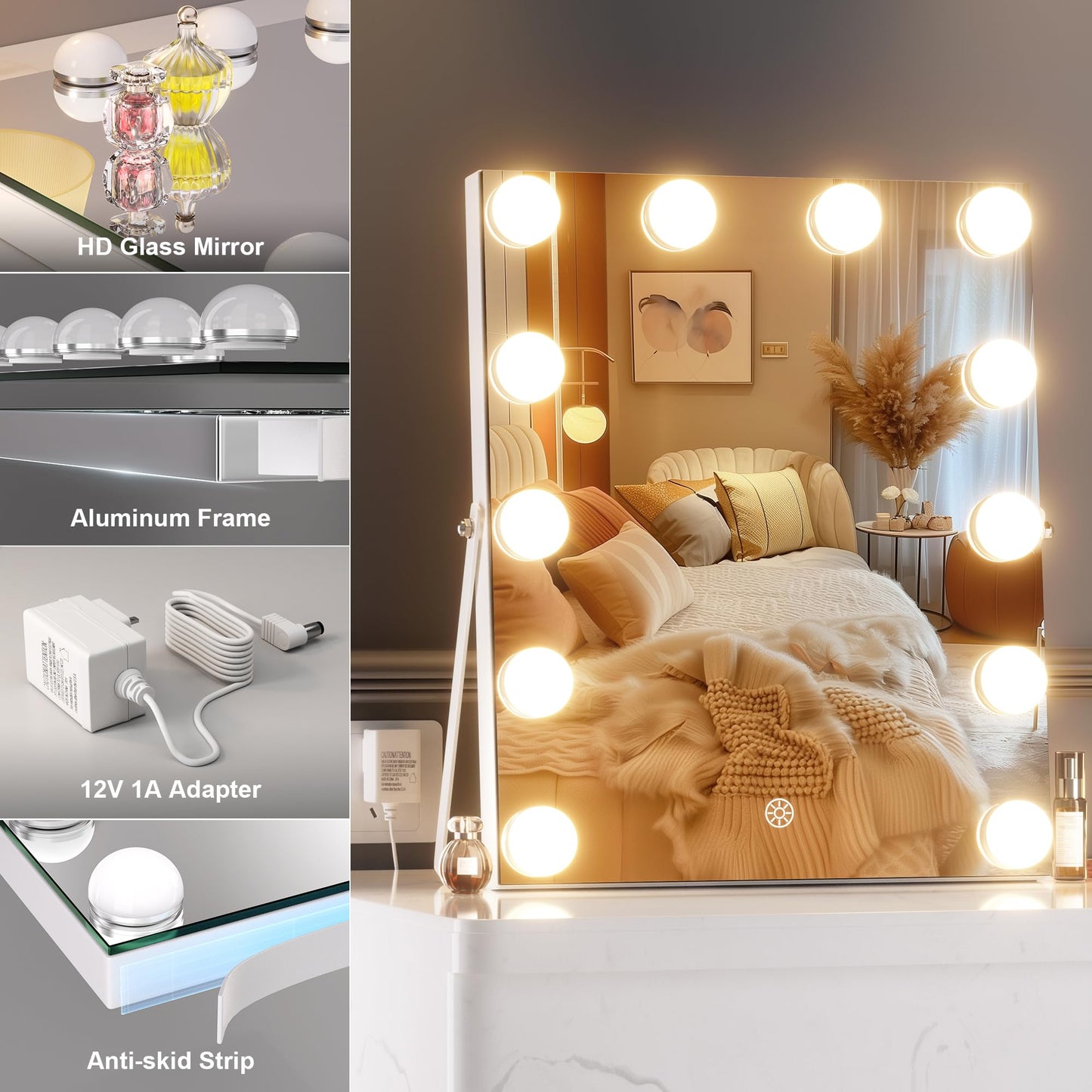 Hasipu Vanity Mirror with Lights - 11" x14”Hollywood Makeup Mirror with 11 Dimmable LED Bulbs, 10X Magnification, 3 Color Modes, Touch Control & USB Port, 360° Rotation