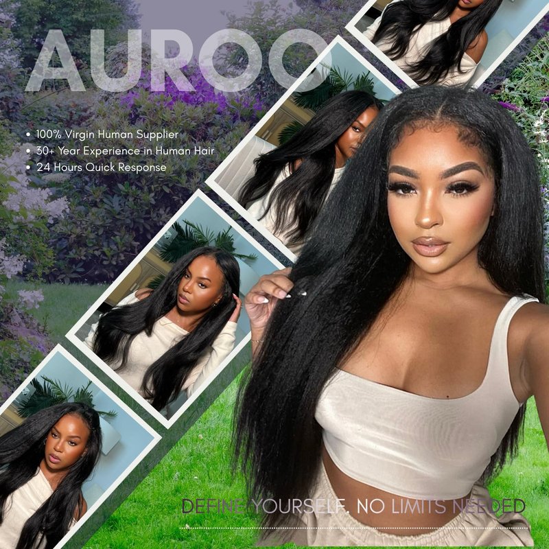 AUROO 2x6 Kim K Lace Closure Only Yaki Straight Human Hair, 12A 100% Virgin Light Yaki Straight Long Deep Parting 2 by 6 HD Lace Closure Pre Plucked 180% Density Kinkystraight Natural Black Remy 14 In