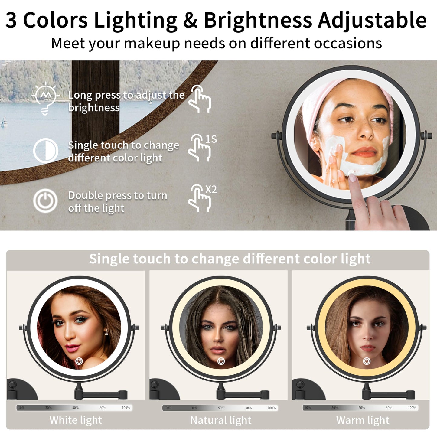 WZRUA 8 Inch Lighted Makeup Mirror Rechargeable Wall Mounted,Double-Sided 1X/10X Magnification,Dimmable 360° Swivel Extendable Bathroom Mirror Matte Black